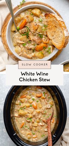 slow cooker white wine chicken stew in a crock pot with bread on the side