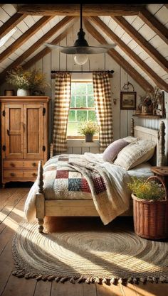 a bed sitting under a window in a bedroom next to a wooden dresser and chair