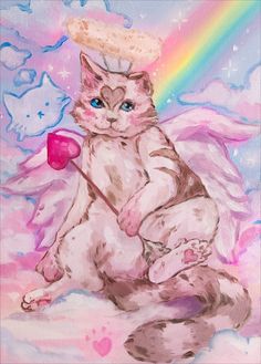 a painting of a cat sitting on top of a cloud with a cup in it's paws