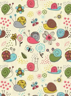 a pattern with snails and flowers on it