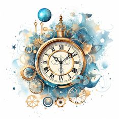 an artistic clock with blue and gold details on it's face, surrounded by stars