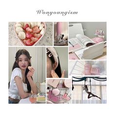 there is a collage of photos with pink and white items on it, including an open book