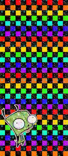 an image of a computer screen with colorful squares in the background and a cartoon character on it