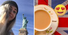 the statue of liberty is next to a cup of tea and an emojle