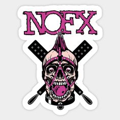 a sticker that says nofx with a skull and crossed swords on it