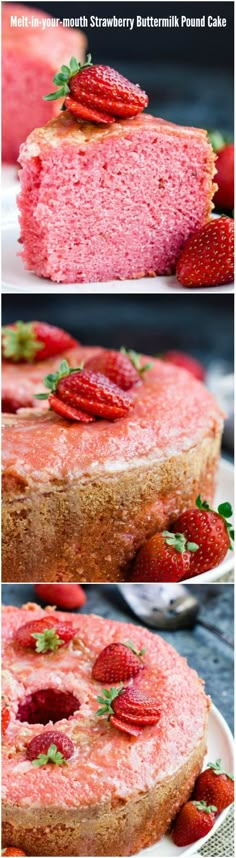 strawberry buttermilk pound cake with fresh strawberries on top