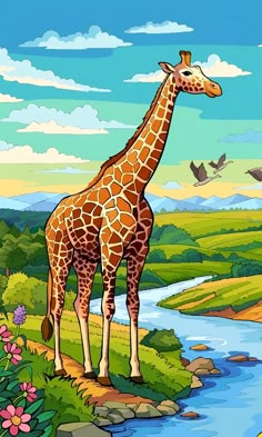 a giraffe is standing in the grass near a river and some birds flying