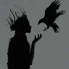 the silhouette of a woman holding a bird in front of her face, with one hand reaching for it