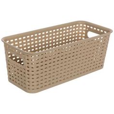 a large plastic basket with holes on the bottom and sides, in beige color for storage