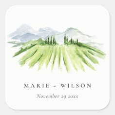 a watercolor painting of green hills and trees on a white square sticker with the words, marie + wilson