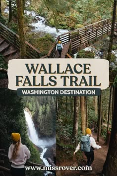 the cover of wallace falls trail in washington, with two people walking up and down it