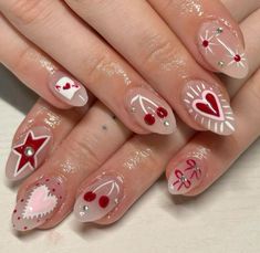 Biab Nail Art Almond, February Nail Art, Nail Ribbon, Cherry Inspired Nails, Alternative Valentines Nails, 22 Birthday Nails, Valentines Nails Ideas, Eccentric Nails, Heart Nails Design