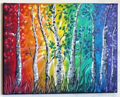 a painting of birch trees painted with acrylic paint on canvases, which are multicolored