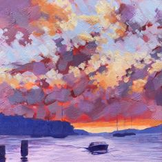 an oil painting of boats on the water at sunset with clouds in the sky above