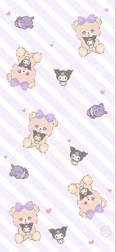 an image of teddy bears with hearts on the wall in purple and white striped background