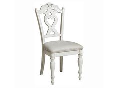 a white chair with an ornate back and upholstered seat, against a white background