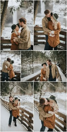 a couple kissing in the snow on a wooden bridge during their winter engagement photo session