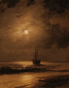 a painting of a ship in the ocean at night with a full moon behind it