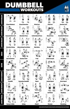 the dumbbell workout poster is shown in black and white, with instructions on how to do