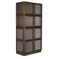 a tall wooden cabinet with glass doors