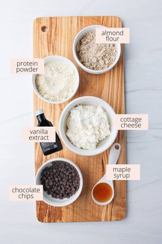 ingredients to make chocolate chip cookies laid out on a cutting board, labeled with labels