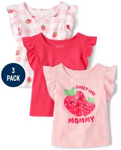 Toddler Girls Strawberry Short Sleeve Flutter Top 3-Pack | The Children's Place - PINK SEA SALT Strawberry Graphic Design, Toddler Girl Clothes Spring, Spring Picture Outfits, Strawberry Graphic, Pink Sea Salt, Cotton Frocks, Pink Sea, Strawberry Print, Picture Outfits