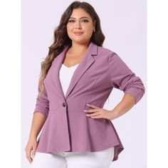 Enhance your workwear and formal outfits with this elegant plus-size high-low-hem peplum blazer. This stylish piece is designed to exude sophistication and make you feel confident in any professional setting. This blazer can be worn to corporate offices, business meetings, or any formal event where you want to showcase your style and professionalism. Make a lasting impression with this chic blazer. The flattering peplum silhouette accentuates your curves beautifully, creating a polished and put-together look. With long sleeves, this blazer offers added coverage and warmth, making it suitable for transitional seasons and cooler environments. Stay comfortable without compromising on style. The high-low hem detail adds a unique and modern twist to the classic blazer design. This stylish eleme Blazer Design, Plus Size Business, Corporate Offices, Peplum Designs, Plus Size Work, Peplum Blazer, Elegant Blazers, Work Formal, Chic Blazer