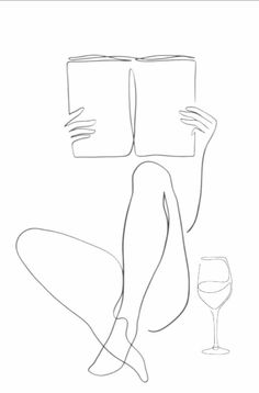 a drawing of a person reading a book and holding a wine glass in front of them