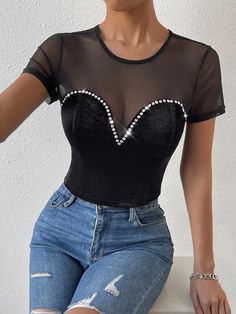 Preto Sensual Collar Manga Curta Flanela Simples  Embellished Elasticidade Média  Roupas Femininas Fancy Tops, Elegant Outfits, Pearl Beads, Dress Collection, Animal Print, Clothes