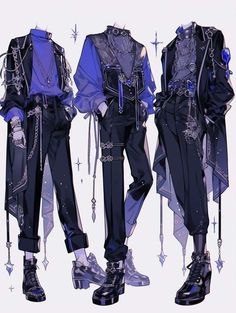 three men dressed in gothic clothing with chains around their ankles and boots, all wearing black