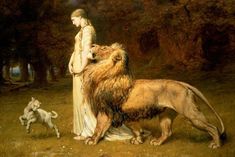 a painting of a woman standing next to a lion and two dogs in a forest