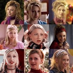 many different pictures of the same woman with blonde hair and wearing headbands,