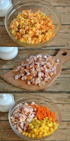 three bowls filled with different types of food