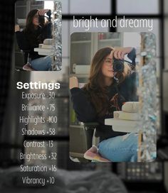 a woman taking a selfie in front of a mirror with the words bright and dreamy