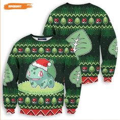 a green sweater with an image of a cartoon character wearing a santa hat on it