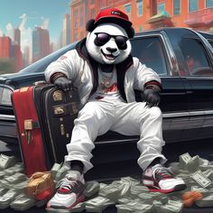 a panda bear sitting on top of a pile of money next to a black car