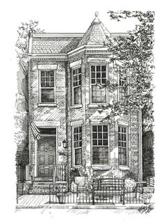 an ink drawing of a house