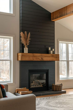 40+ Rustic Black Shiplap Fireplace Ideas for a Warm Welcome Gas Fireplace Mantels With Tv, Shiplap Interior Design, Fireplace With No Hearth Ideas, Angled Wall Fireplace Ideas, Shiplap Fireplace High Ceiling, Modern Shiplap Fireplace Wall, Redoing Corner Fireplace Ideas, Shiplap Fireplace Accent Wall, Living Room And Fireplace Ideas