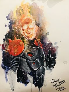 a watercolor painting of a man in armor holding an orange object with his right hand