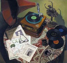 a painting of an old record player and other items on top of a cloth covered table