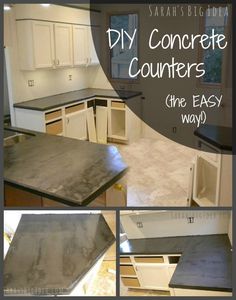 a series of photos showing how to make concrete countertops for kitchen cabinets and counters