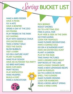 the spring bucket list is hanging on a clothes line with colorful bunting and flowers