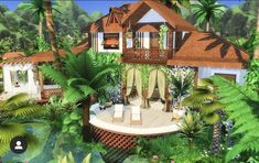 an image of a tropical house in the middle of some trees and bushes with sunbathers on it