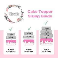 the cake topper sizing guide is shown in three different colors and sizes, including pink