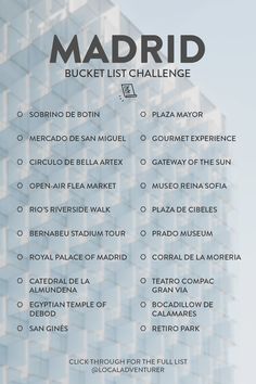 the madrid bucket list is shown in black and white