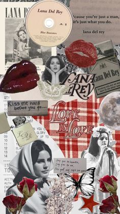 the collage has many different pictures and words on it, including roses, lipstick, and other things