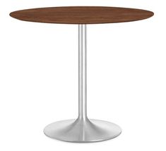 a round table with a metal base and wooden top, viewed from the front view