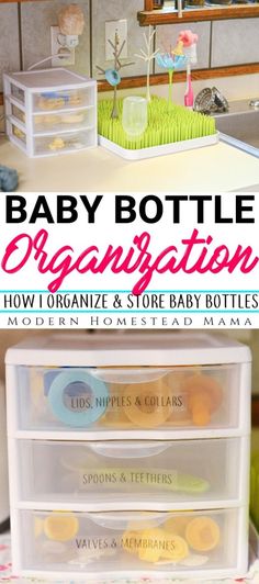 baby bottles are organized in plastic containers with labels on them and the words, baby bottle organization how i organize & store baby bottles