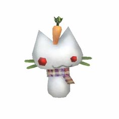 a white cat with a carrot on it's head