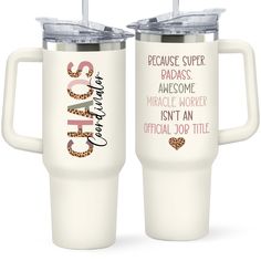 two white tumblers with leopard print and the words, because super badasss are awesome